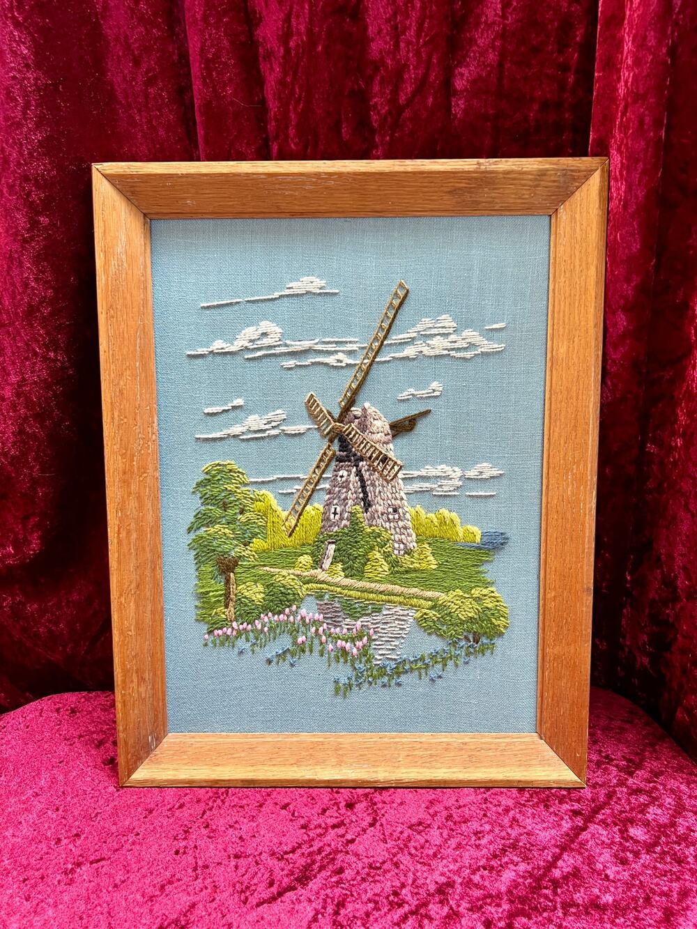 Vintage Wall Decor Framed Embroidery Art Southampton Petticoat Windmill Crewel